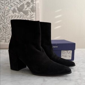 Stuart Weitzman Black Suede Leather Trendy Chunk Heel Booties Ankle Boots